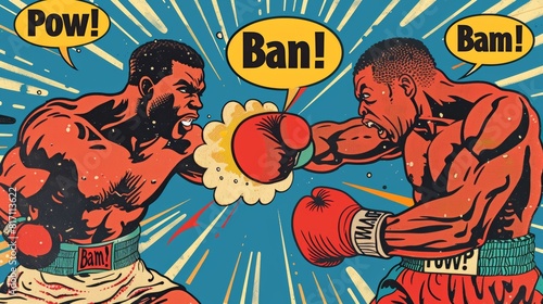 Retro Comic Style Boxing Match Banner with Dynamic Boxers and Action Sounds