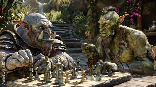 orcs playing chess - savage, green fantasy creatures with tusks photo