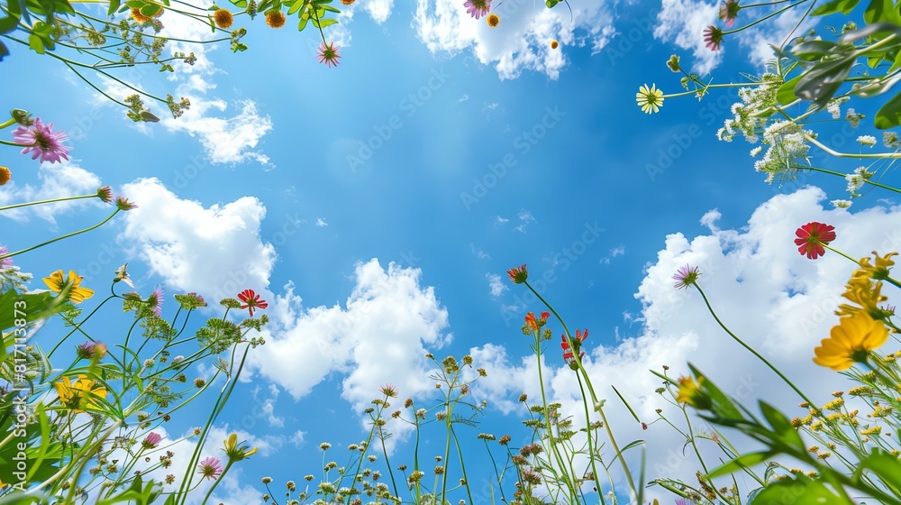 view of the sky from the camera laying in field of wild flowers, sunny, a bit of clouds, bottom to top view view of the sky from the camera laying in field of wild flowers, sunny, a bit of clouds, bottom to top view