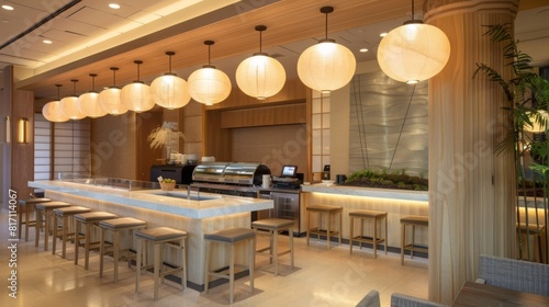 Interior of a Japanese restaurant featuring a long bar and stools where customers can sit and enjoy their meals and drinks. photo