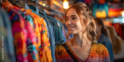 Young women shopping for vintage clothes at a secondhand store. Concept Thrift Shopping, Vintage Fashion, Secondhand Treasures, Stylish Outfits, Trendy Finds