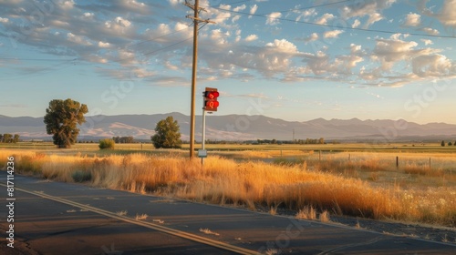 Traffic light at a rural intersection, with a scenic landscape of fields and distant mountains in the background. photo