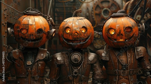 Steampunk Halloween scene with mechanical pumpkins and copper costumes, Industrial fantasy, Metallic textures with orange accents, Detailed sketch. photo