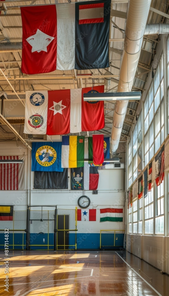 Multinational Boxing Gym Decked with Global Flags and Sports Memorabilia Multinational Boxing Gym Decked with Global Flags and Sports Memorabilia