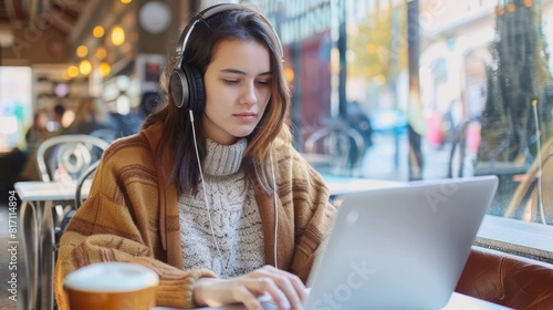 Young woman working on a laptop in a cozy cafe, wearing headphones and a warm sweater, focused and studious atmosphere.