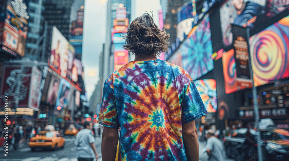 a single tie-dye t-shirt placed in various urban settings, each shot from a unique angle to contrast the colorful patterns against the monochrome city background.