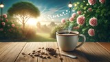 A cup of coffee on a wooden table with a spoonful of coffee beans, set in a serene park with morning lights.
