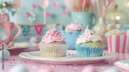 Cupcakes with blue and pink icing under balloons, ideal for party themes or bakery promotions.