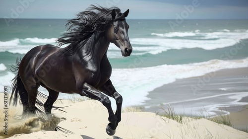 Majestic black horse running on the beach  perfect for wildlife or freedom-themed projects.