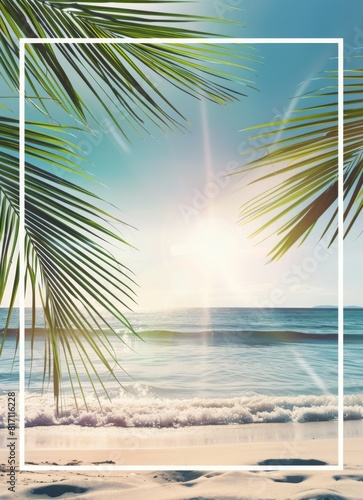 Summer background with sun  palm  sea and beach elements.