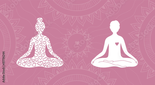 A minimalist vector illustration depicting a silhouetted figure in a meditation pose with a heart chakra, alongside a stylized heart-shaped figure, symbolizing the concept of heart-centered meditation