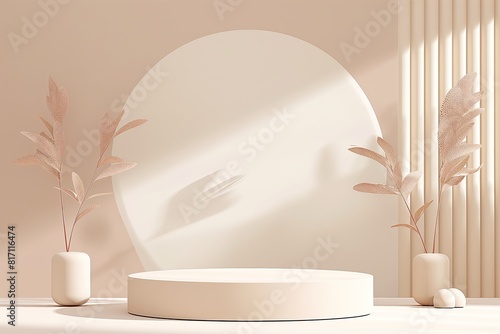 Elegant product stand with leaves and soft lighting