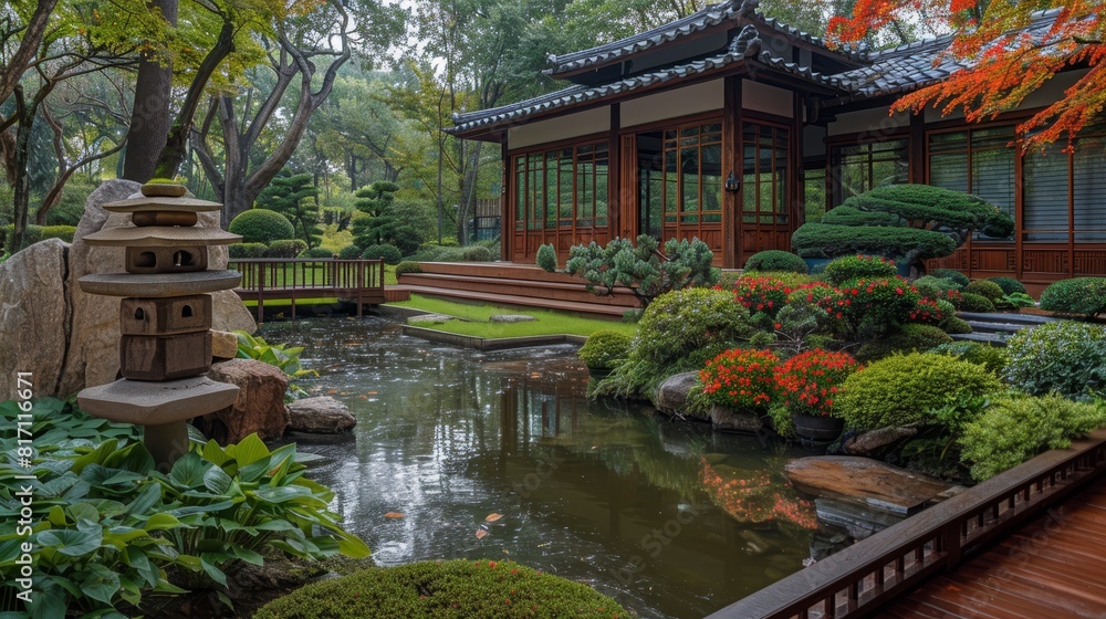Japanese garden with pond, green trees around a traditional temple Japanese garden with pond, green trees around a traditional temple