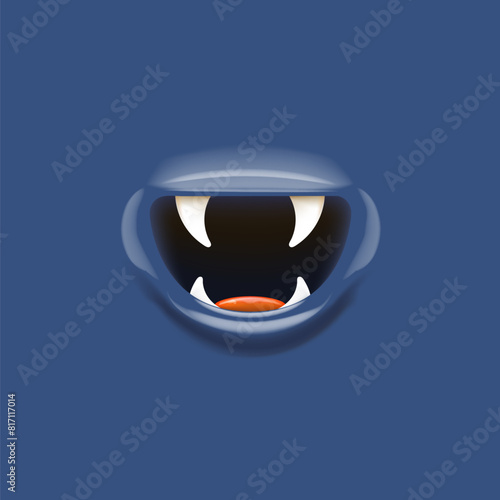 Vector Cartoon vampire mouth with fangs isolated on navy blue background. Funny and cute deep blue Halloween Monster mouth with teeth and tongue. 3d vector Monster mouse