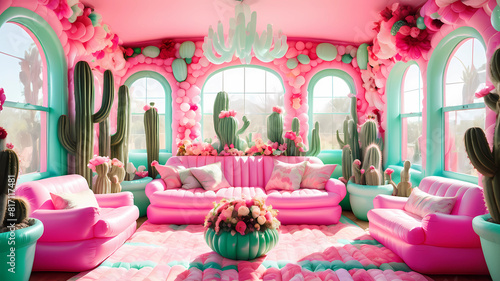 A grand sitting room inside of an inflatable house with an abundance of light coming in from the windows. Bright colors throughout with lots of pink and mint green. Candelabras float throughout the ro photo