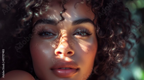 Woman with radiant  glossy curls framing her face  adding an elegant touch to her overall look.
