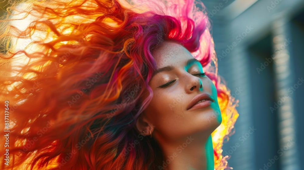 Woman with vibrant, glossy hair flipping it playfully in a glamorous outdoor setting. Woman with vibrant, glossy hair flipping it playfully in a glamorous outdoor setting.