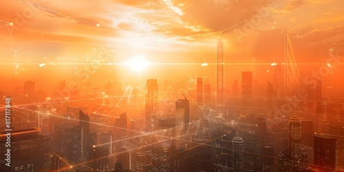 Apocalyptic cityscape at sunset with futuristic tall buildings and AI technology. Concept Dystopian Future  Futuristic Architecture  AI Technology  Cityscape  Apocalyptic Settings