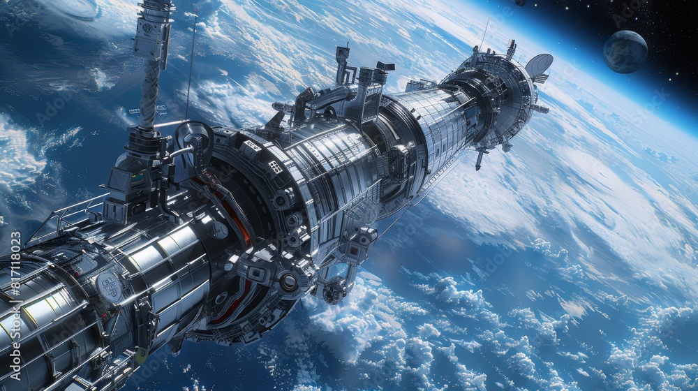 Detailed Illustration of a Futuristic Space Elevator Connecting Earth to a Geostationary Station Detailed Illustration of a Futuristic Space Elevator Connecting Earth to a Geostationary Station