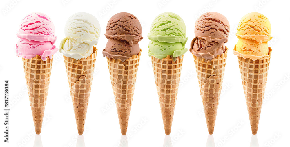 Selection of ice cream scoops on waffle cones on white background cutout, many different Selection of ice cream scoops on waffle cones on white background cutout, many different