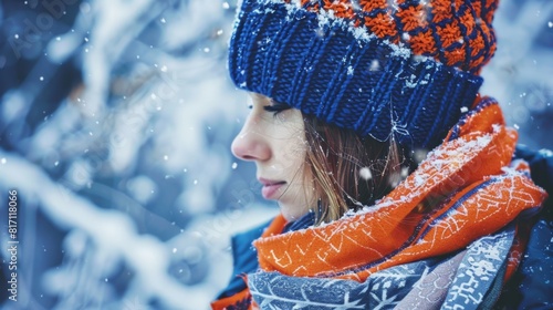 Pretty lady wearing woollen hat standing in winter snow scape
 photo