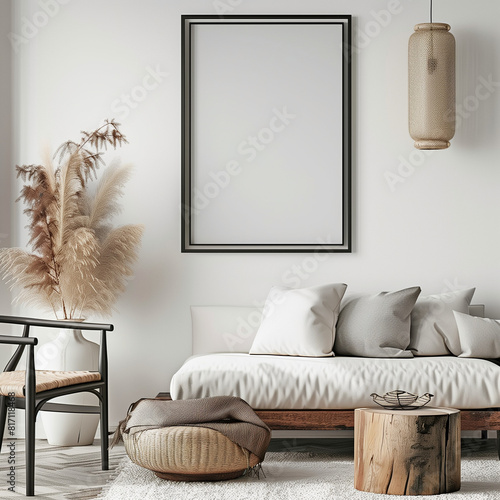 Mock up of white minamilist bright living room to hang art work, 
wooden frame, mockup photo for a horizontal poster print, mpty black frame , living room, beige colors photo