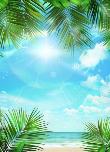 Summer background with sun, palm, sea and beach elements.
