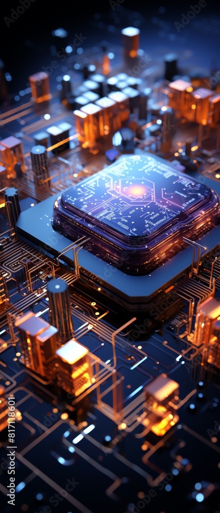 Obraz premium Quantum computing cores with floating qubits, front view, core processing units, deep blue with silver, futuristic tone, Complementary Color Scheme