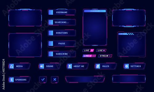 Game stream frames. Vector set of overlay frame, screen panel with buttons and video player for games streaming, live conference interface, twitch, leaderboard, broadcast. UI template.Cyber hud screen