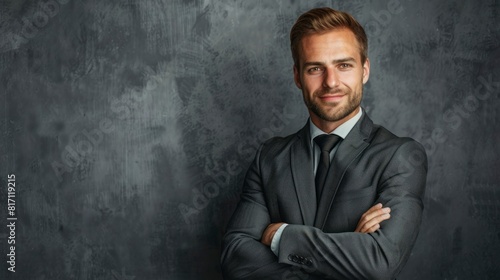 happy man in suit smiling at camera on gray background in high resolution