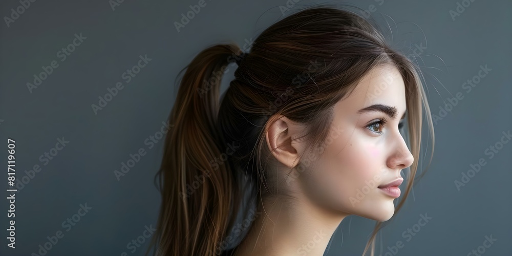 Portrait of a contemporary woman showcasing a stunning ponytail hairstyle. Concept Hairstyle, Contemporary Woman, Portrait, Ponytail, Stunning Portrait of a contemporary woman showcasing a stunning ponytail hairstyle. Concept Hairstyle, Contemporary Woman, Portrait, Ponytail, Stunning