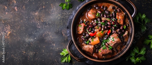 Top view of a Brazilian feijoada with black beans and various meats, using the rule of thirds, with ample copy space