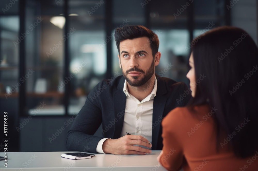 portrait of a handsome man leaning over the table talking to his female colleague at work portrait of a handsome man leaning over the table talking to his female colleague at work