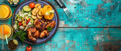 Top view of a colorful Caribbean meal including jerk chicken  plantains  and rum punch  using the rule of thirds  with ample copy space