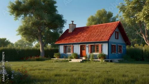 Cozy countryside house with red roof © JohnTheArtist
