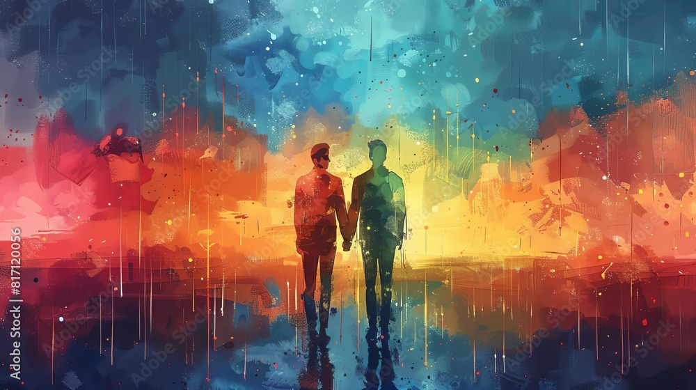 Fototapeta premium Two man walking away holding hands with bright colorful abstract background.