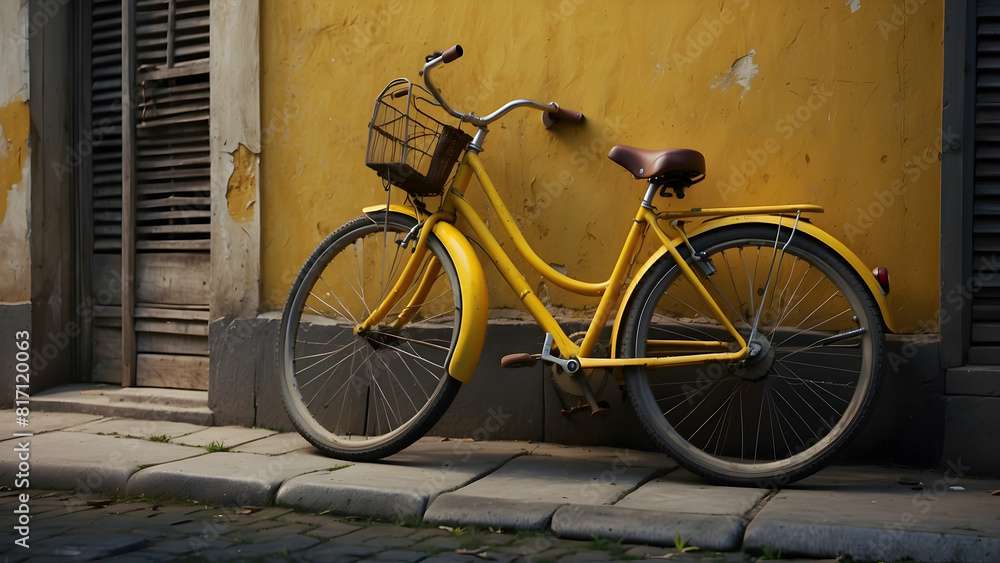 Yellow bicycle against textured wall Yellow bicycle against textured wall