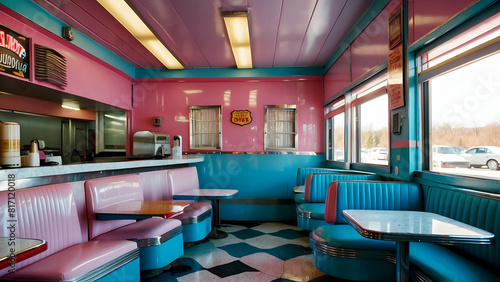 Retro diner interior with pink booths