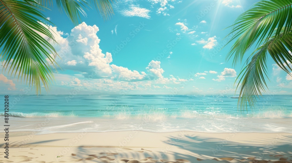 Fototapeta premium Sunny beach with palm trees, ocean view, and clear skies