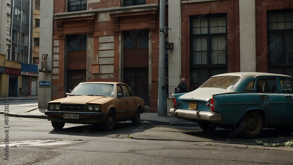 Obraz premium Vintage cars parked on an urban street