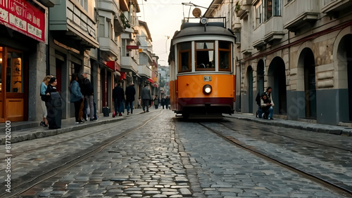 Vintage Tram on a Bustling City Street photo