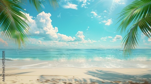 Fototapeta Naklejka Na Ścianę i Meble -  Sunny beach with palm trees, ocean view, and clear skies