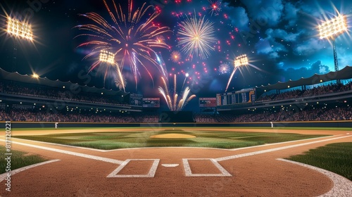 Holiday Fireworks at a Baseball Game During a Summer Evening © spyrakot