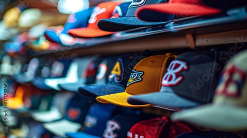 Colorful Array of Team Baseball Caps on Retail Display