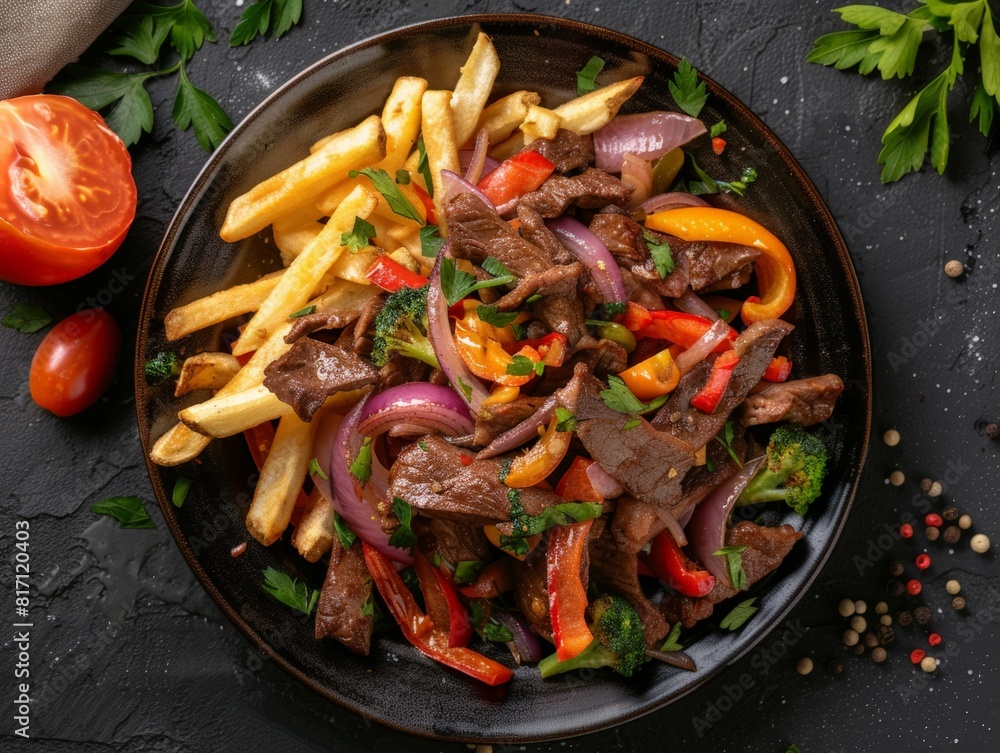 custom made wallpaper toronto digitalTop view of a Peruvian lomo saltado with beef, vegetables, and fries, using the rule of thirds, with ample copy space
