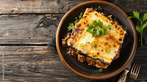 Wallpaper Mural Top view of a plate of Greek moussaka with layers of eggplant, meat, and bechamel sauce, using the rule of thirds, with ample copy space Torontodigital.ca