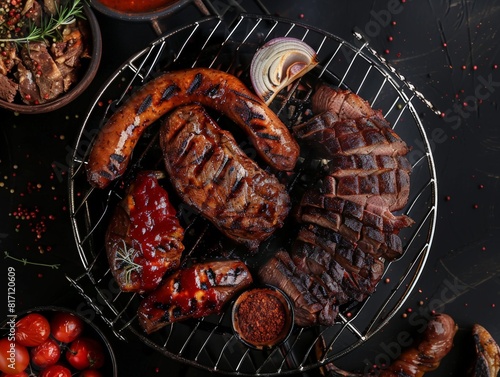 Top view of a South African braai with various grilled meats, using the rule of thirds, with ample copy space photo