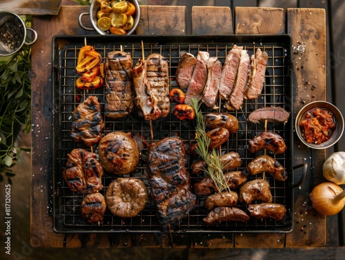 Top view of a South African braai with various grilled meats, using the rule of thirds, with ample copy space