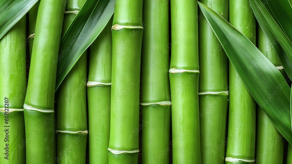 A close-up view of green bamboo stalks with leaves on both ends A close-up view of green bamboo stalks with leaves on both ends