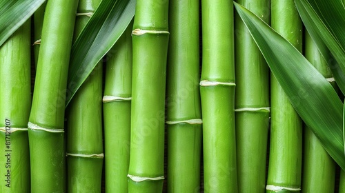   A close-up view of green bamboo stalks with leaves on both ends